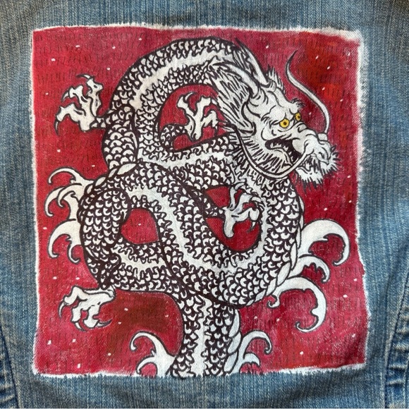 Y2K AMERICAN EAGLE Denim Blazer Size Med Custom Dragon Art Vintage 2000s Jacket - Picture 8 of 14
